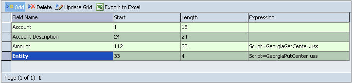 The image shows the Import Formats screen. The expression for the Entity row of the Georgia import format contains the GeorgiaPutCenter.uss script.